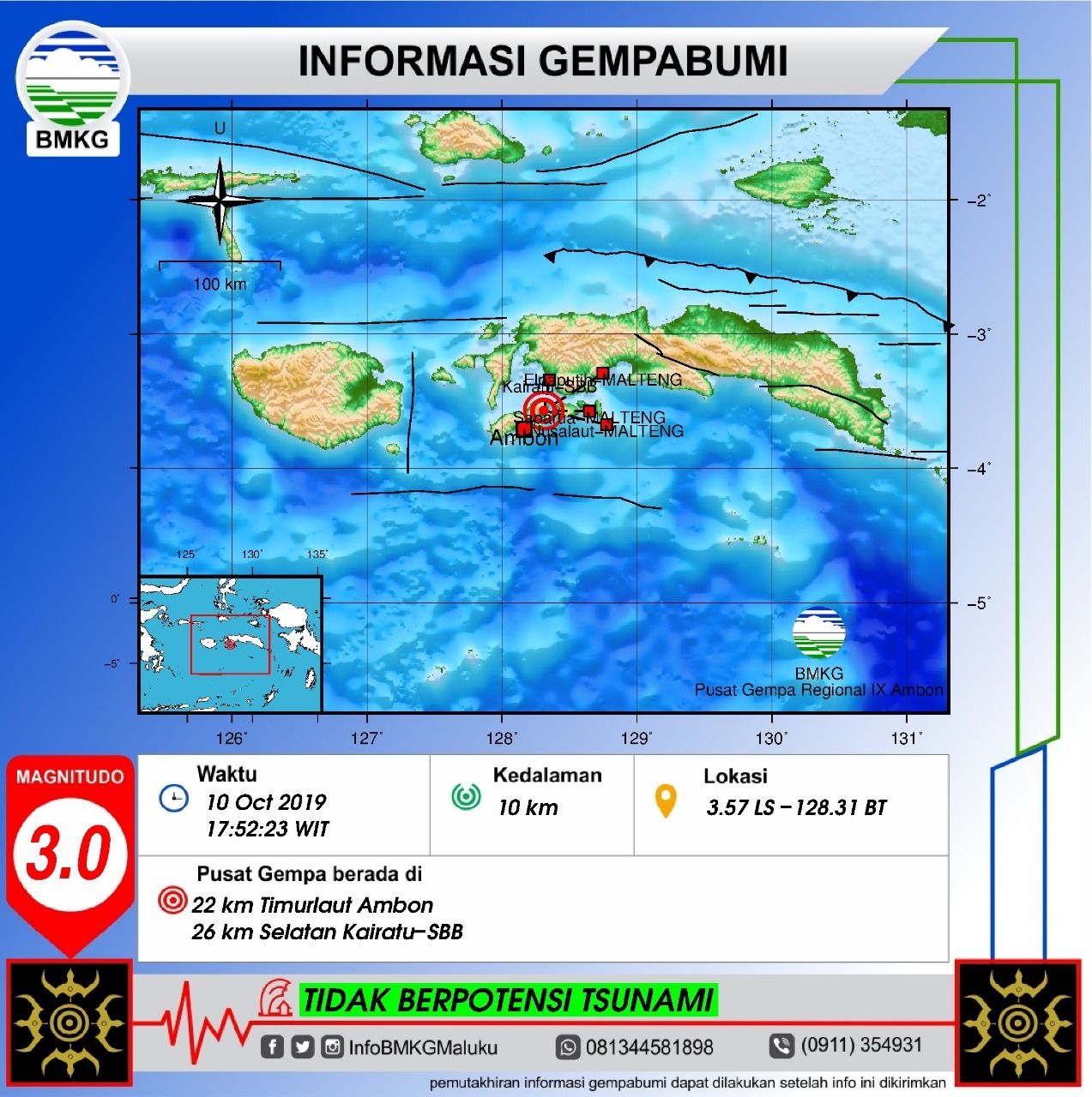 GEMPABUMI TEKTONIK M5,2 MENGGUNCANG KOTA AMBON, TIDAK BERPOTENSI TSUNAMI