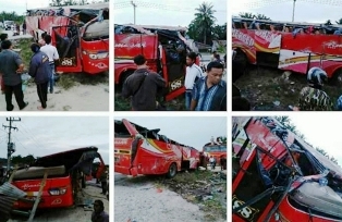 Bus Almashar Terguling di Kandis, SatuPenumpang  Tewas